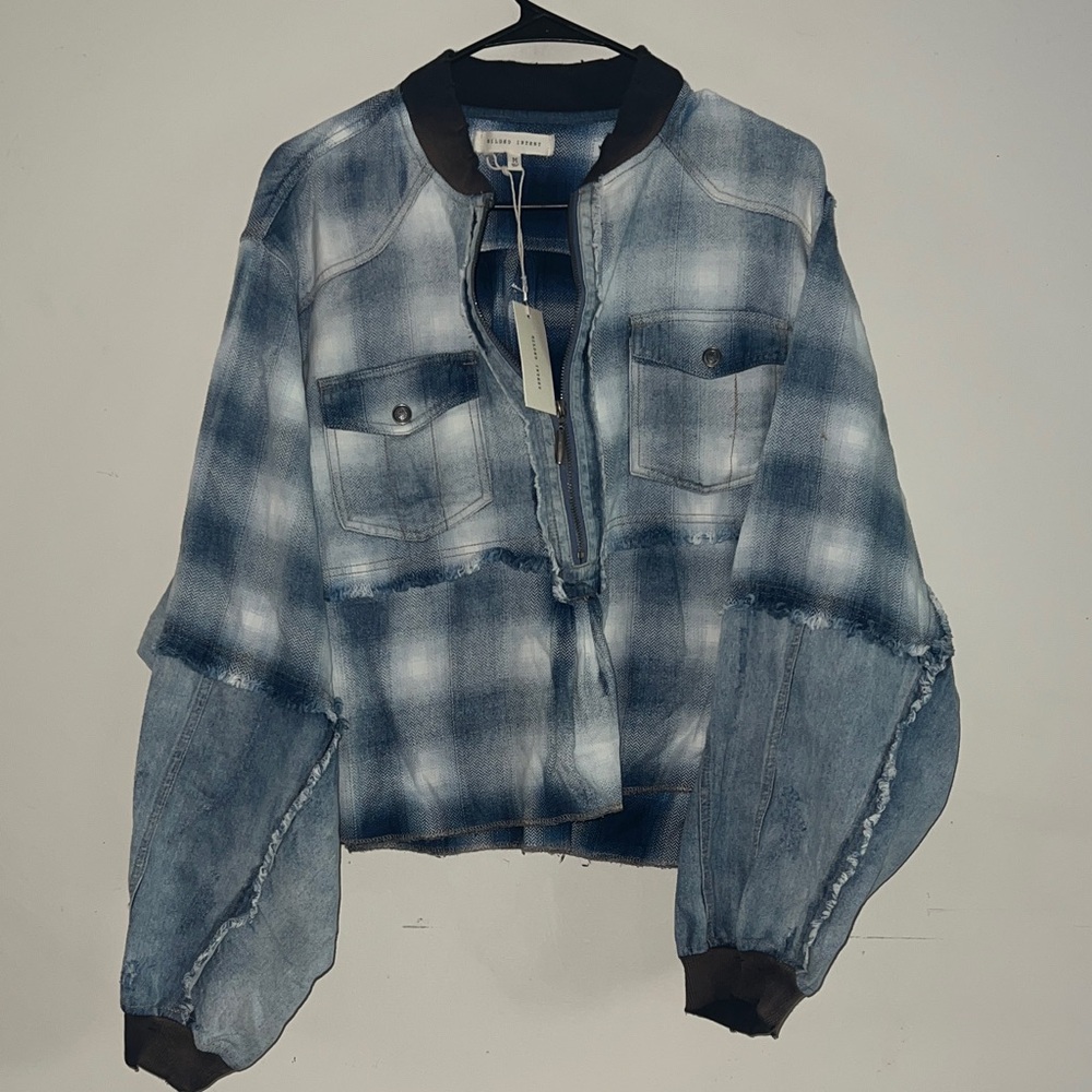 Gilded Intent Distressed Blue Checkered Denim Jacket medium NWT - Picture 3 of 8